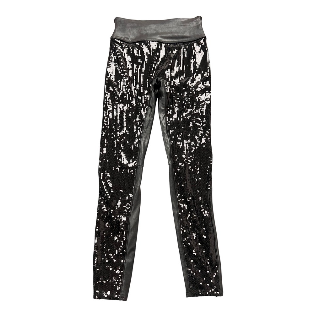 Spanx Sequin Front Faux Leather Back Leggings Womens‎ Medium Black Glam Party